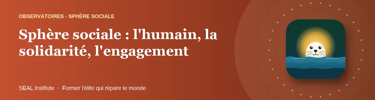 Illustration de la page « Sphère sociale : l'humain, la solidarité, l'engagement » : le phoque sentinelle de SEAL Institute au soleil levant