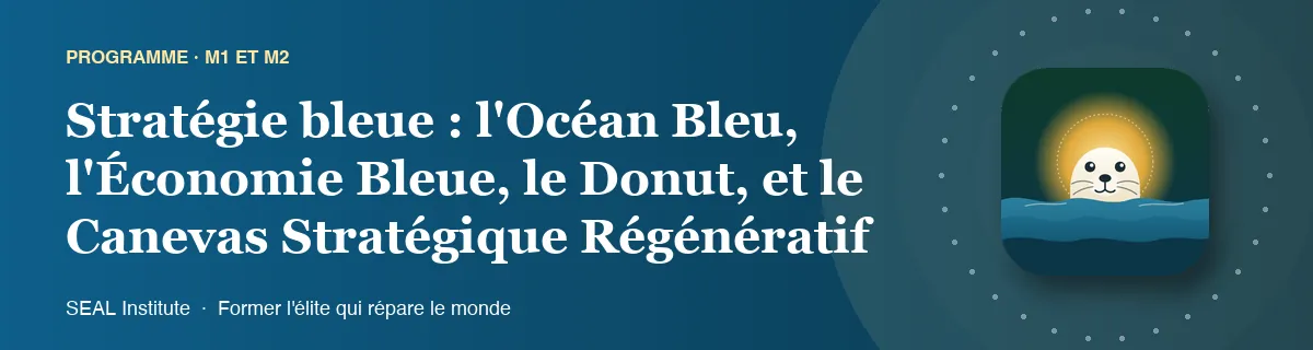 Illustration de la page « Stratégie bleue : l'Océan Bleu, l'Économie Bleue, le Donut, et le Canevas Stratégique Régénératif » : le phoque sentinelle de SEAL Institute au soleil levant